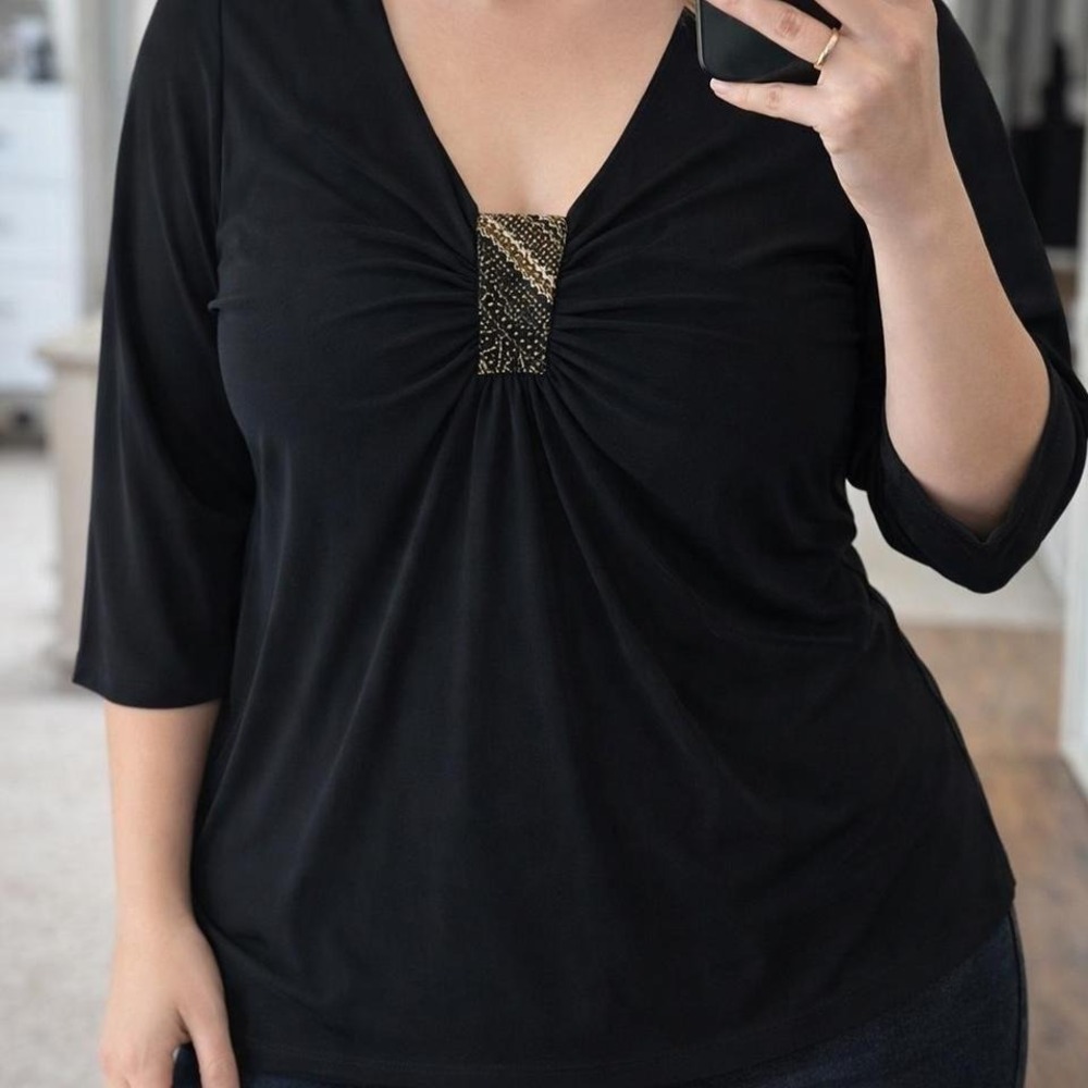 Vintage‎ Black Dressy V-Neck Top Beaded Accent Stretch 3/4 Sleeves Women L Y2K